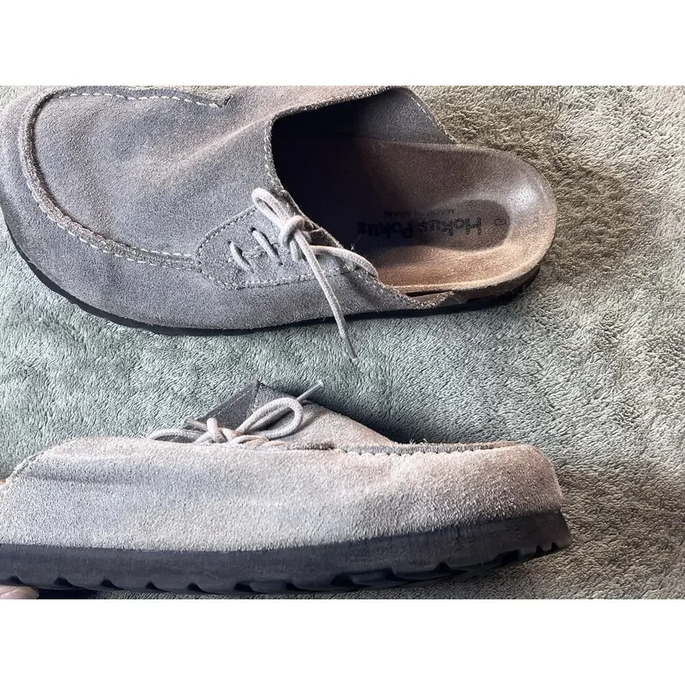 Hokus Pokus Gray Suede Lace Up Clog Mules Women’s 8 Cork Made in Spain